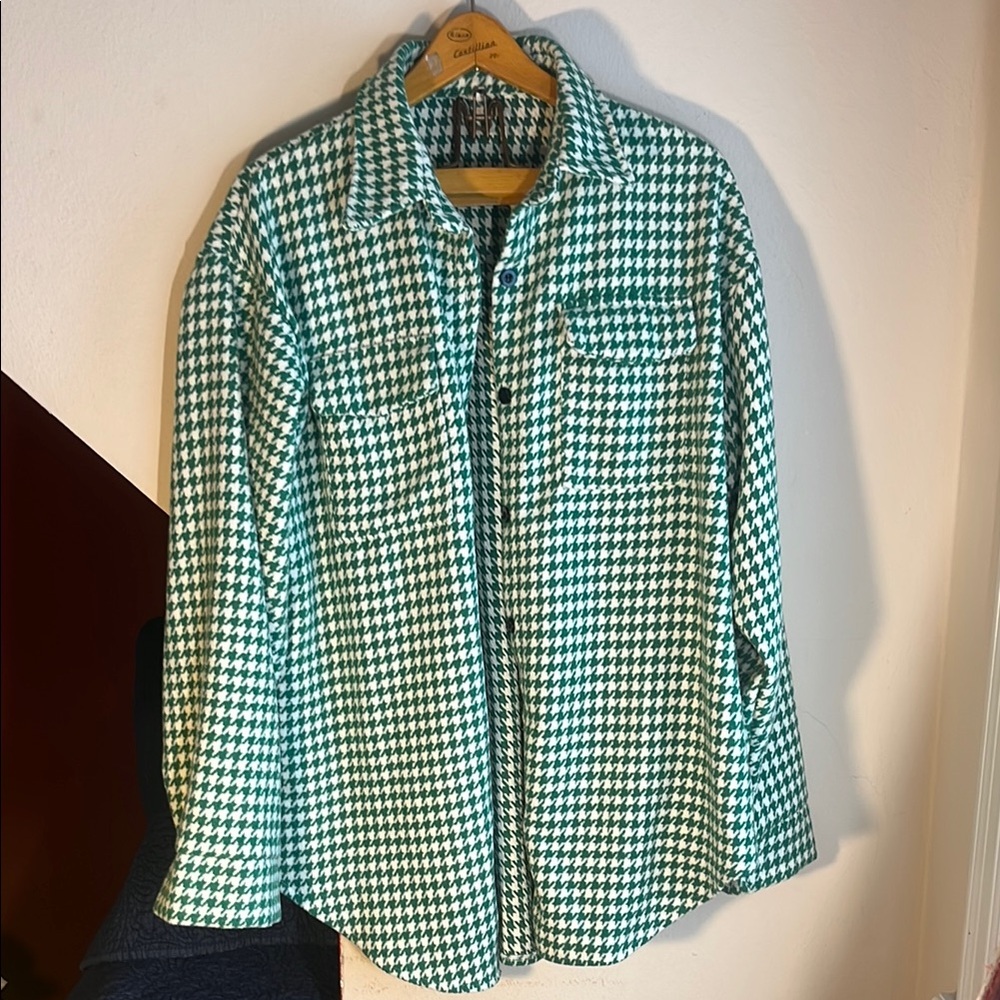 Green Houndstooth Unisex Chore Shirt‎ Shacket Shirt  XL